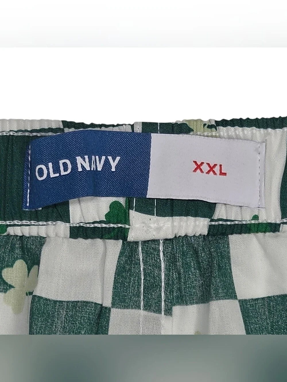 Old Navy Green and White Checkered Boxers with Shamrock Motif. Size XXL